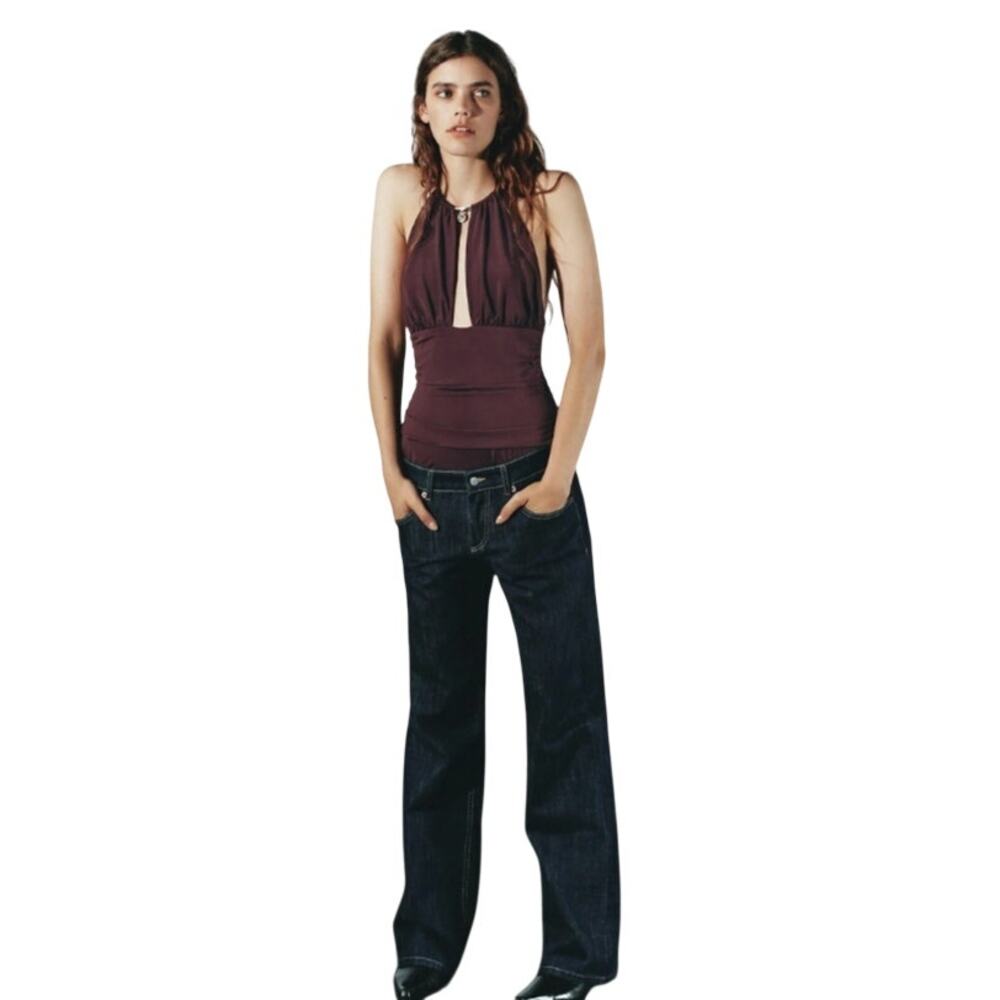 NWT Zara Jewel Collar Stretchy Ruched/Draped Bodysuit Brown Size M